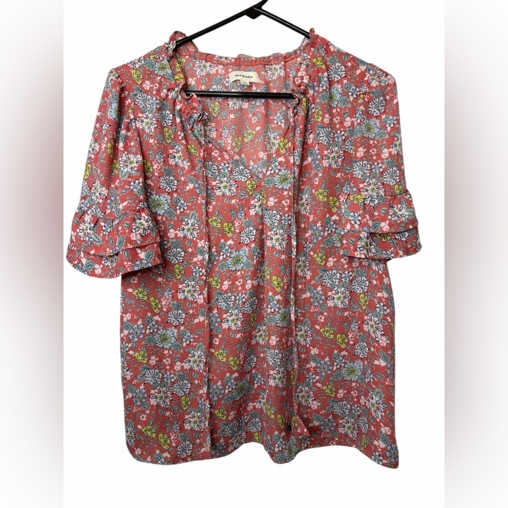 Max Studio Coral Floral Peasant Tie Neck Flutter Sleeve Crepe Woven Top